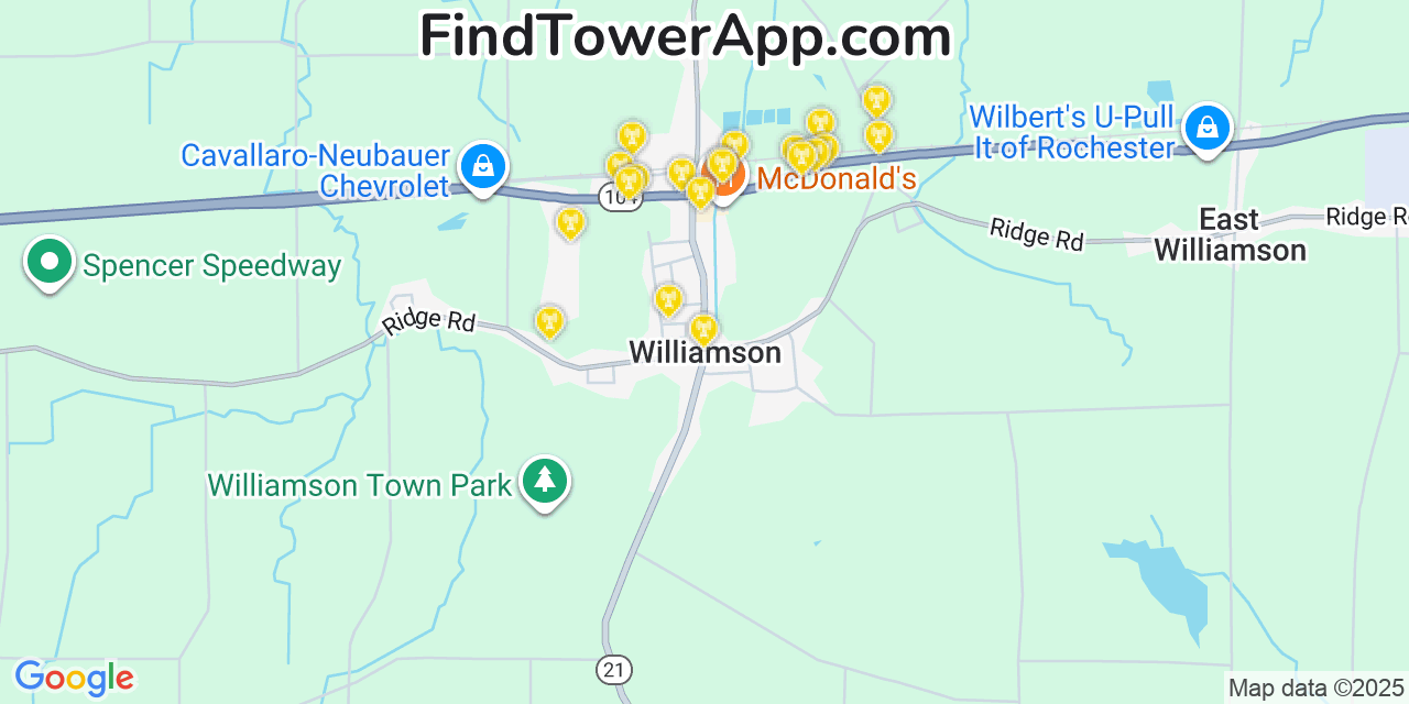 Map showing the 20 primary cell tower locations detected in Williamson, New York from AT&T, Verizon, and T-Mobile networks