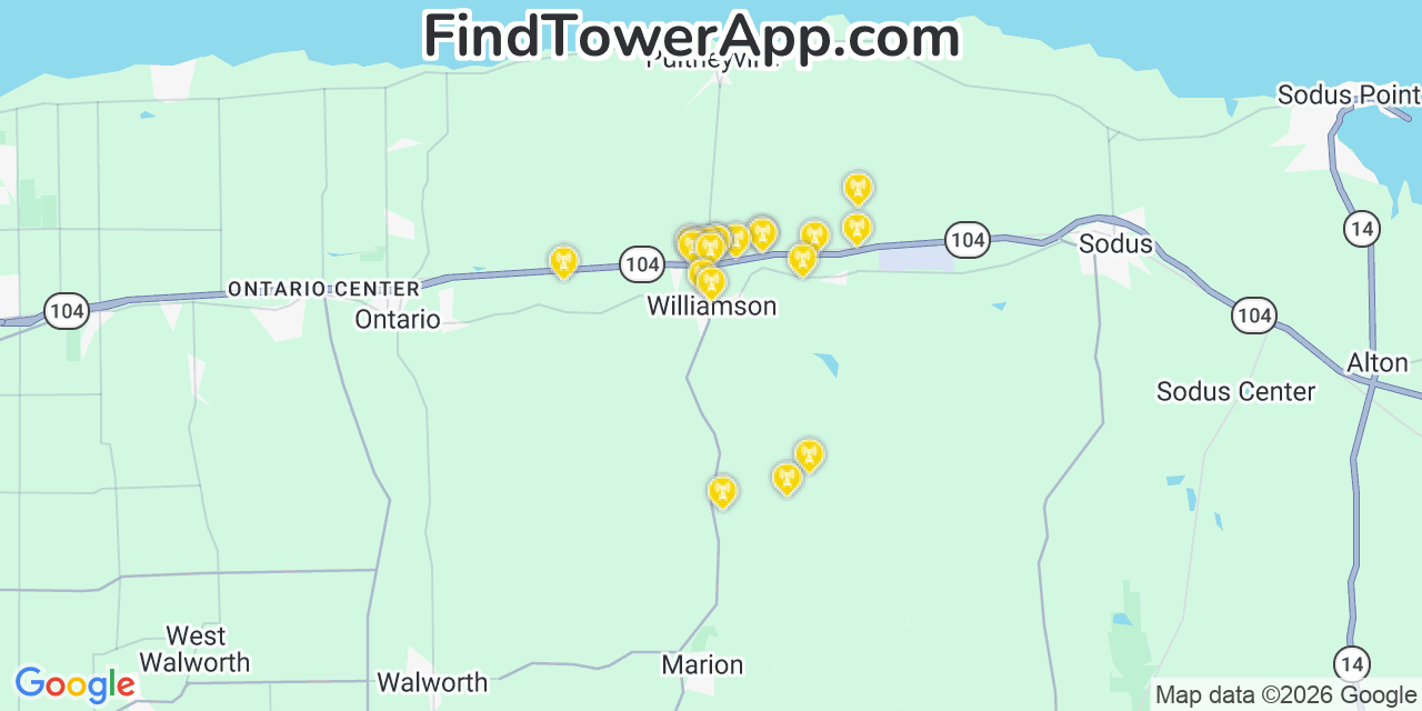 Map showing the 20 primary cell tower locations detected in Williamson, New York from AT&T, Verizon, and T-Mobile networks