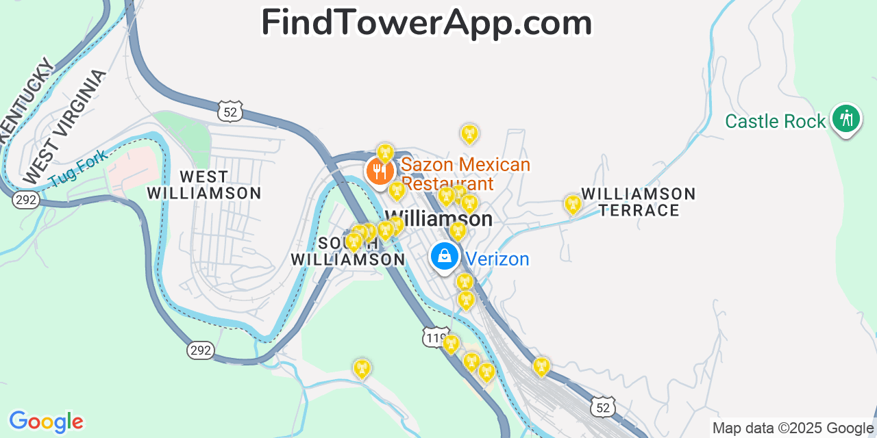 Map showing the 20 primary cell tower locations detected in Williamson, West Virginia from AT&T, Verizon, and T-Mobile networks