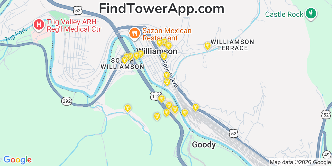 Map showing the 20 primary cell tower locations detected in Williamson, West Virginia from AT&T, Verizon, and T-Mobile networks