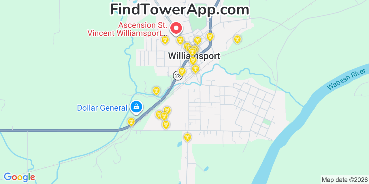 Map showing the 20 primary cell tower locations detected in Williamsport, Indiana from AT&T, Verizon, and T-Mobile networks