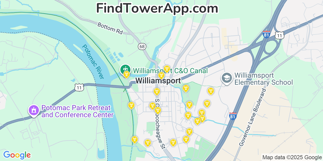 Map showing the 20 primary cell tower locations detected in Williamsport, Maryland from AT&T, Verizon, and T-Mobile networks