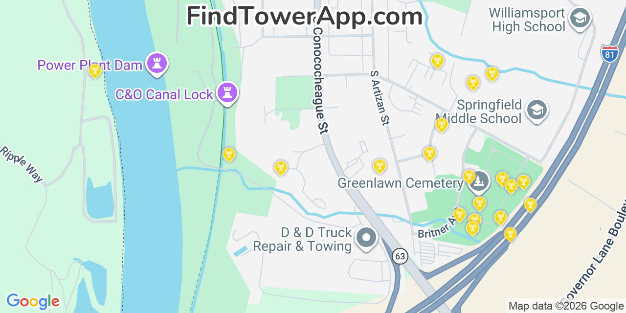 Map showing the 20 primary cell tower locations detected in Williamsport, Maryland from AT&T, Verizon, and T-Mobile networks