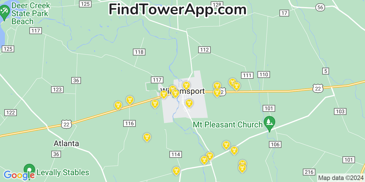 AT&T 4G/5G cell tower coverage map Williamsport, Ohio