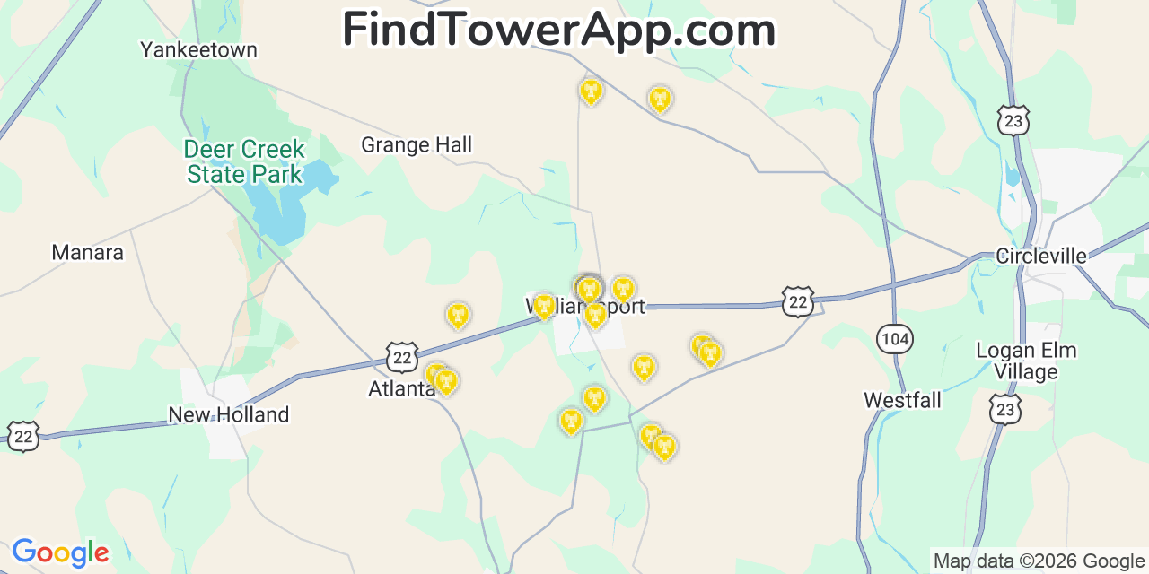 Map showing the 20 primary cell tower locations detected in Williamsport, Ohio from AT&T, Verizon, and T-Mobile networks