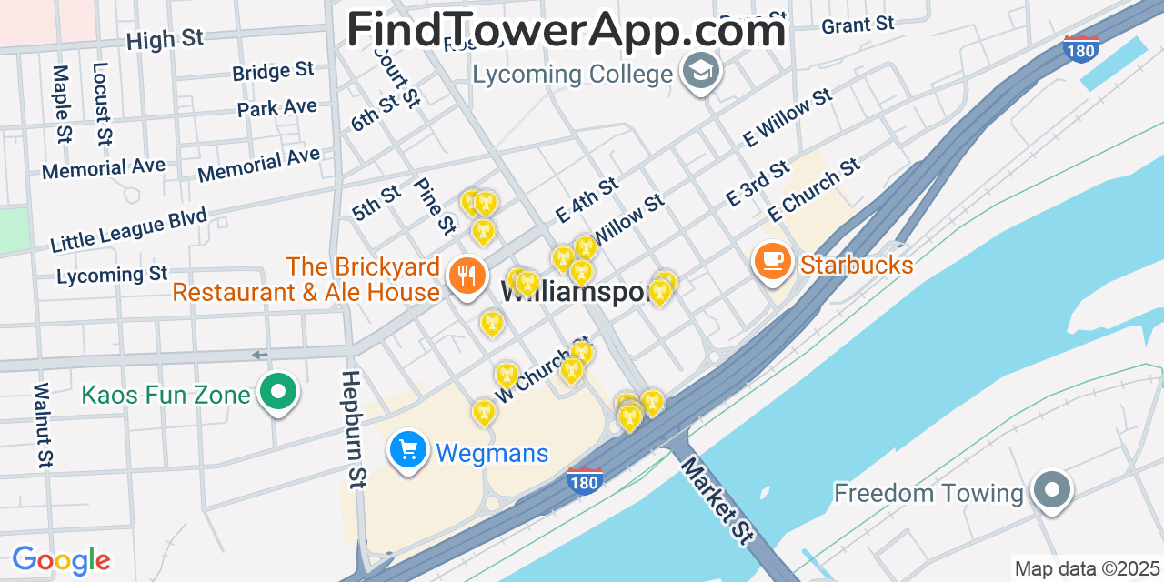 Map showing the 20 primary cell tower locations detected in Williamsport, Pennsylvania from AT&T, Verizon, and T-Mobile networks