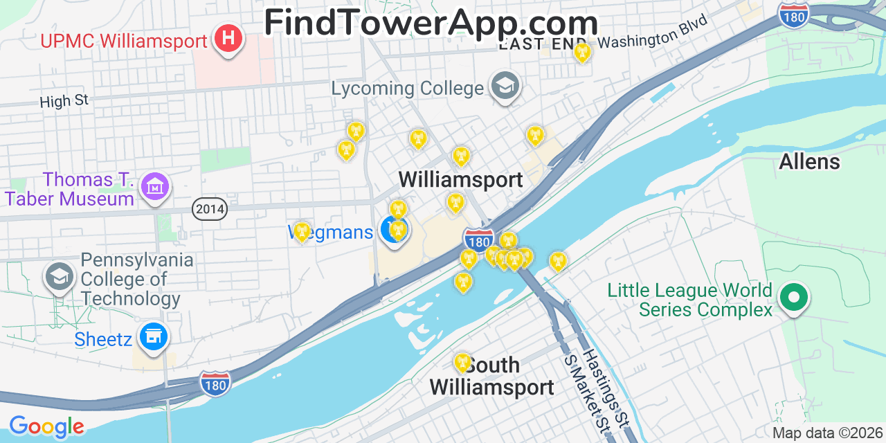 Map showing the 20 primary cell tower locations detected in Williamsport, Pennsylvania from AT&T, Verizon, and T-Mobile networks