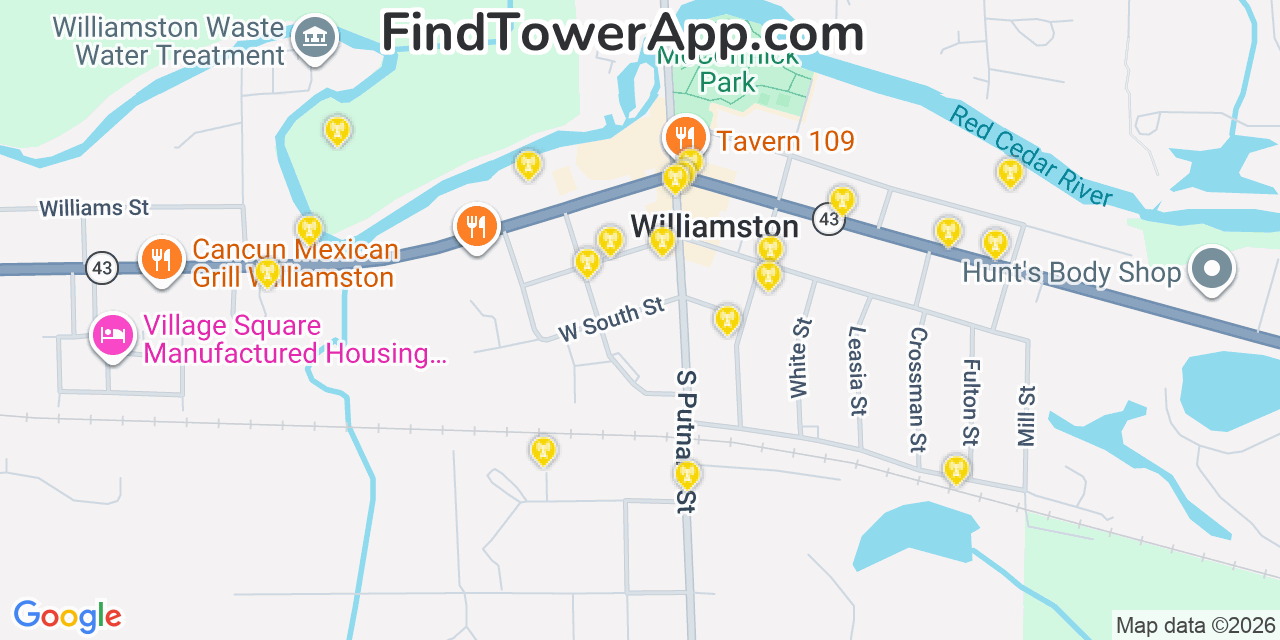 Map showing the 20 primary cell tower locations detected in Williamston, Michigan from AT&T, Verizon, and T-Mobile networks