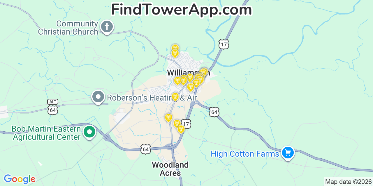 Map showing the 20 primary cell tower locations detected in Williamston, North Carolina from AT&T, Verizon, and T-Mobile networks
