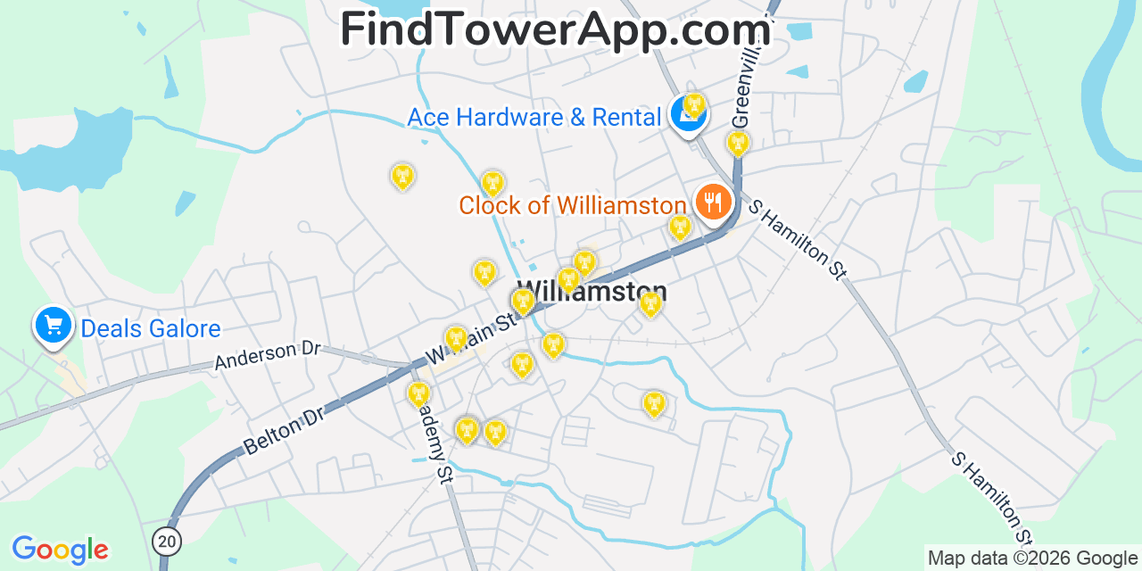 Map showing the 20 primary cell tower locations detected in Williamston, South Carolina from AT&T, Verizon, and T-Mobile networks