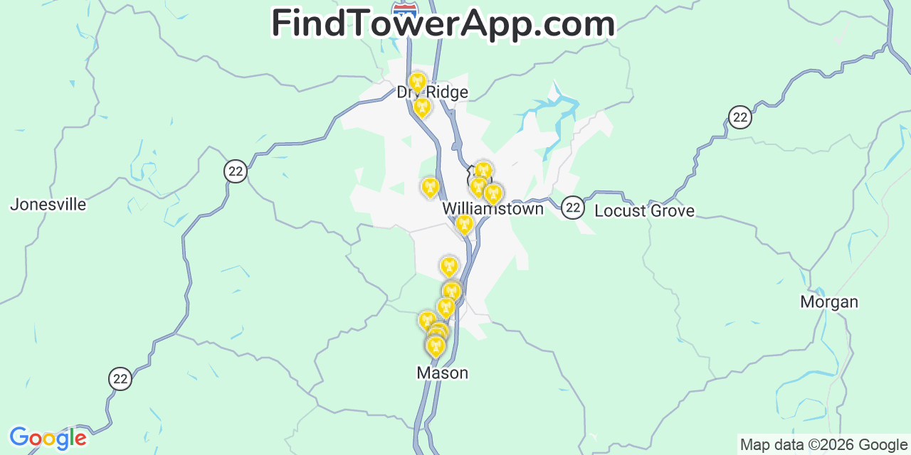 Map showing the 20 primary cell tower locations detected in Williamstown, Kentucky from AT&T, Verizon, and T-Mobile networks