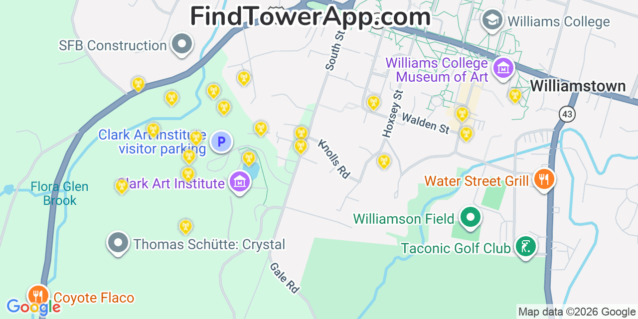 Map showing the 20 primary cell tower locations detected in Williamstown, Massachusetts from AT&T, Verizon, and T-Mobile networks