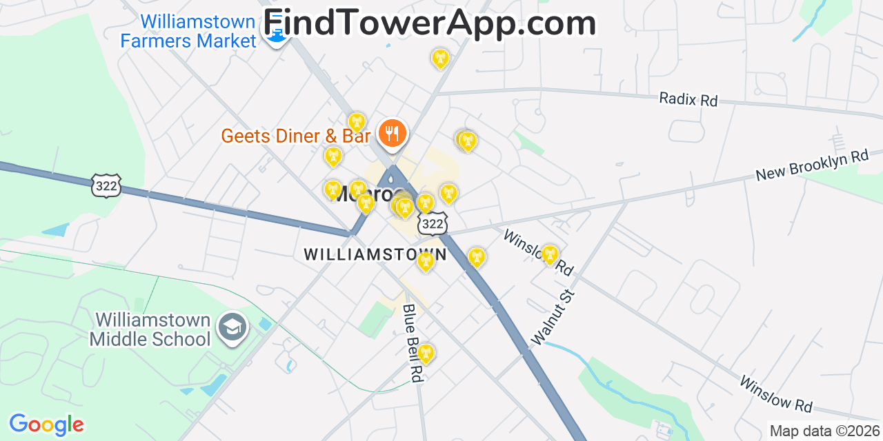 Map showing the 20 primary cell tower locations detected in Williamstown, New Jersey from AT&T, Verizon, and T-Mobile networks