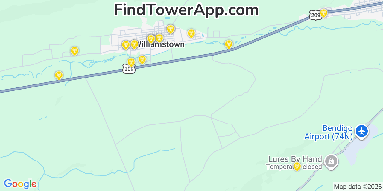 Map showing the 20 primary cell tower locations detected in Williamstown, Pennsylvania from AT&T, Verizon, and T-Mobile networks