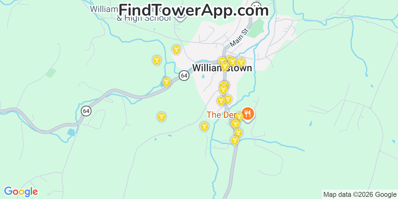 Map showing the 20 primary cell tower locations detected in Williamstown, Vermont from AT&T, Verizon, and T-Mobile networks