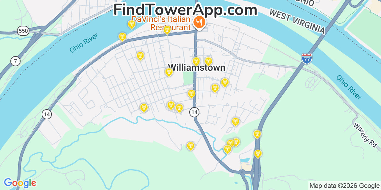 Map showing the 20 primary cell tower locations detected in Williamstown, West Virginia from AT&T, Verizon, and T-Mobile networks