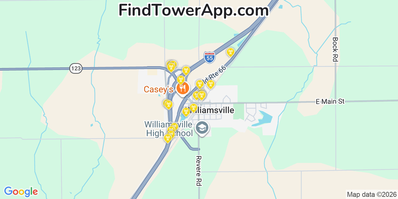 Map showing the 20 primary cell tower locations detected in Williamsville, Illinois from AT&T, Verizon, and T-Mobile networks
