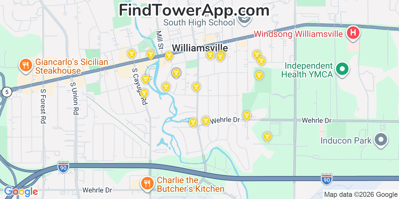 Map showing the 20 primary cell tower locations detected in Williamsville, New York from AT&T, Verizon, and T-Mobile networks