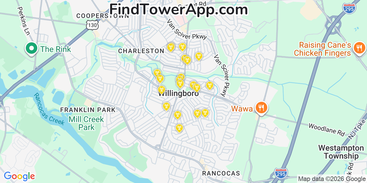Map showing the 20 primary cell tower locations detected in Willingboro, New Jersey from AT&T, Verizon, and T-Mobile networks