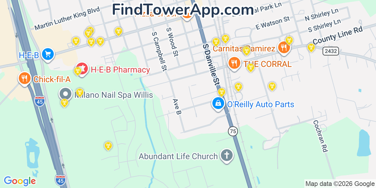 Map showing the 20 primary cell tower locations detected in Willis, Texas from AT&T, Verizon, and T-Mobile networks
