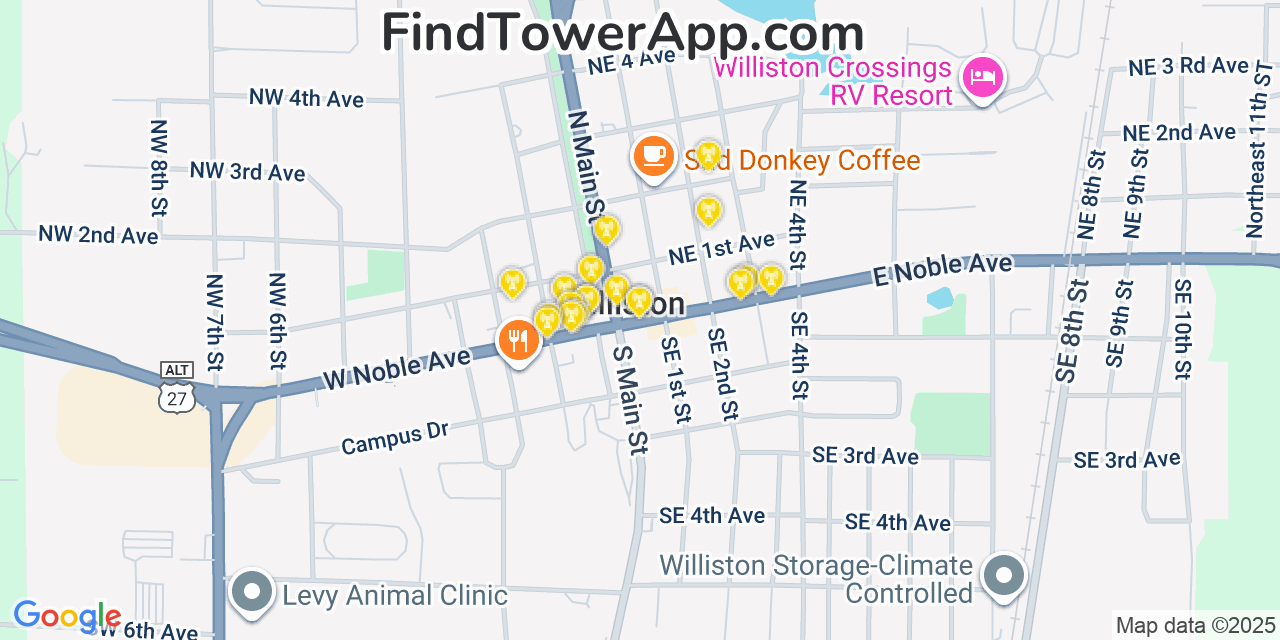 Map showing the 20 primary cell tower locations detected in Williston, Florida from AT&T, Verizon, and T-Mobile networks
