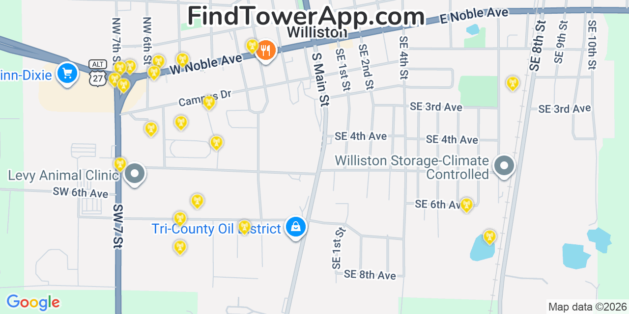 Map showing the 20 primary cell tower locations detected in Williston, Florida from AT&T, Verizon, and T-Mobile networks