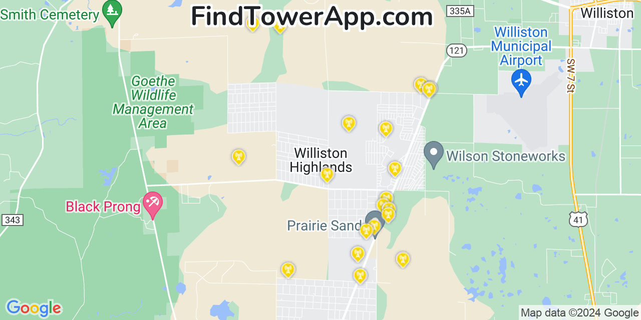 AT&T 4G/5G cell tower coverage map Williston Highlands, Florida