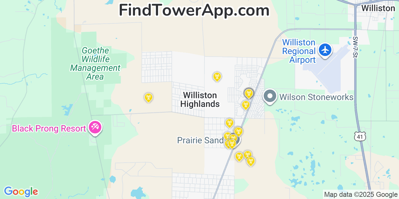 Map showing the 20 primary cell tower locations detected in Williston Highlands, Florida from AT&T, Verizon, and T-Mobile networks