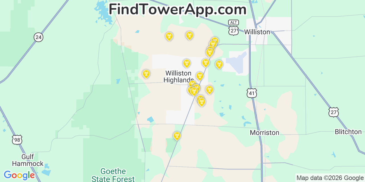 Map showing the 20 primary cell tower locations detected in Williston Highlands, Florida from AT&T, Verizon, and T-Mobile networks