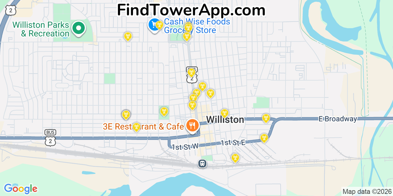Map showing the 20 primary cell tower locations detected in Williston, North Dakota from AT&T, Verizon, and T-Mobile networks