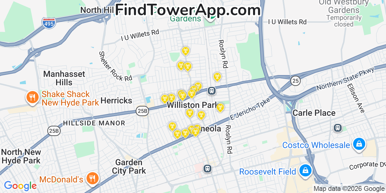 Map showing the 20 primary cell tower locations detected in Williston Park, New York from AT&T, Verizon, and T-Mobile networks