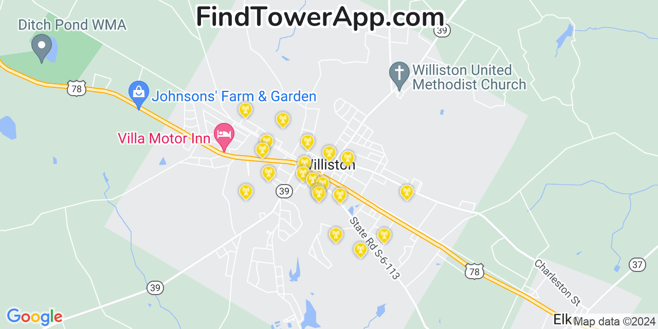 AT&T 4G/5G cell tower coverage map Williston, South Carolina