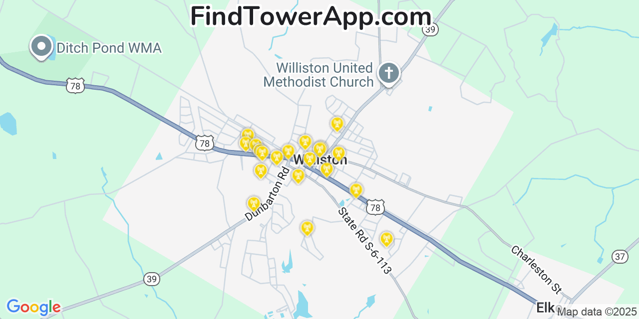 Map showing the 20 primary cell tower locations detected in Williston, South Carolina from AT&T, Verizon, and T-Mobile networks