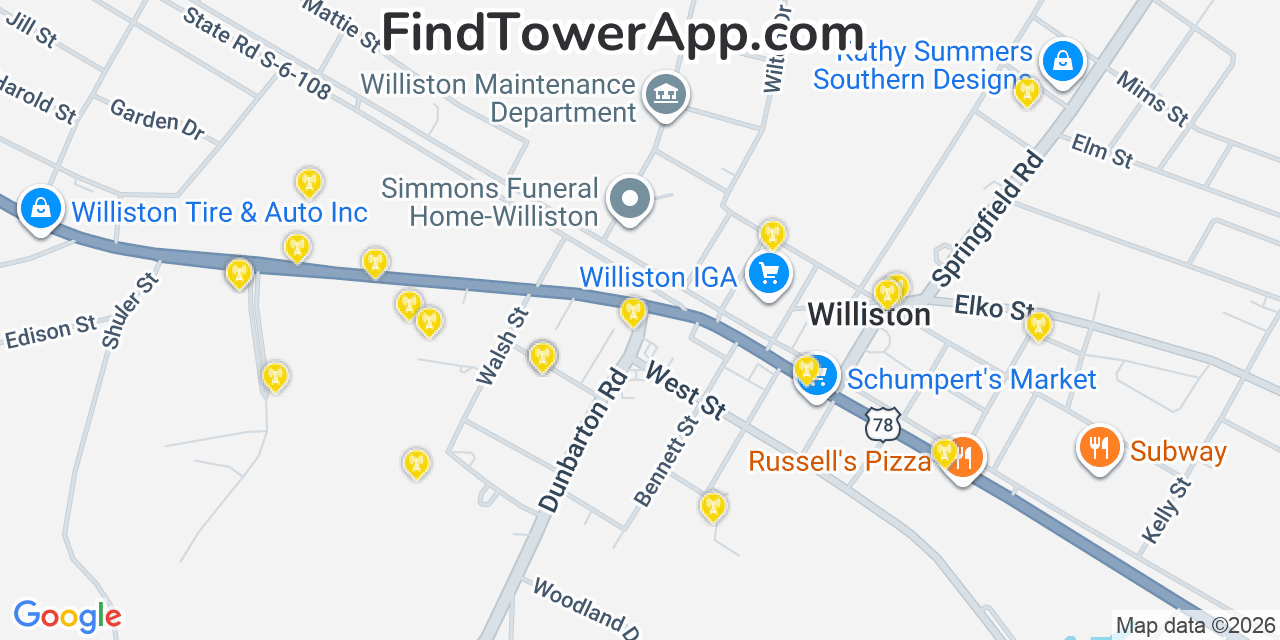 Map showing the 20 primary cell tower locations detected in Williston, South Carolina from AT&T, Verizon, and T-Mobile networks