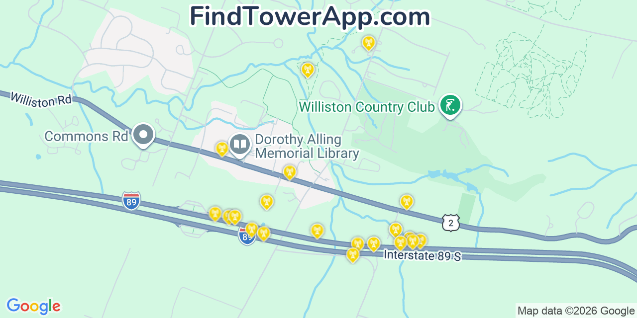 Map showing the 20 primary cell tower locations detected in Williston, Vermont from AT&T, Verizon, and T-Mobile networks