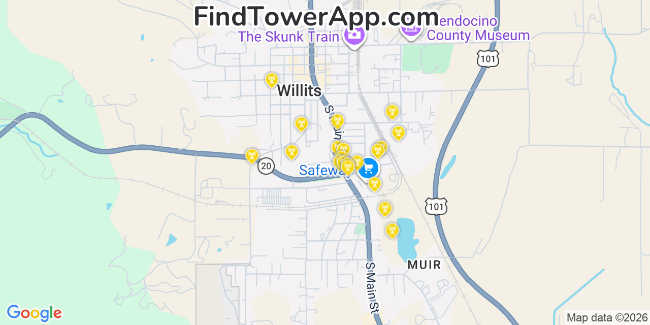 Map showing the 20 primary cell tower locations detected in Willits, California from AT&T, Verizon, and T-Mobile networks
