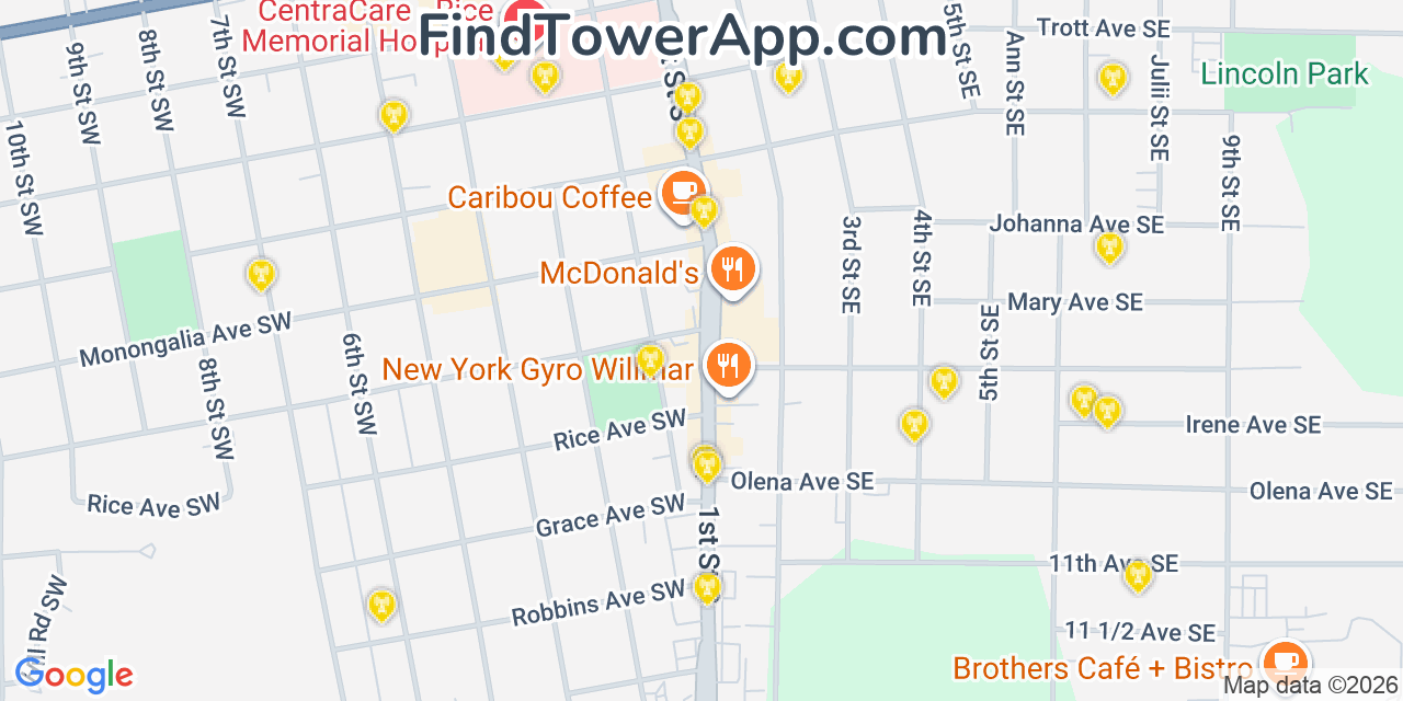 Map showing the 20 primary cell tower locations detected in Willmar, Minnesota from AT&T, Verizon, and T-Mobile networks