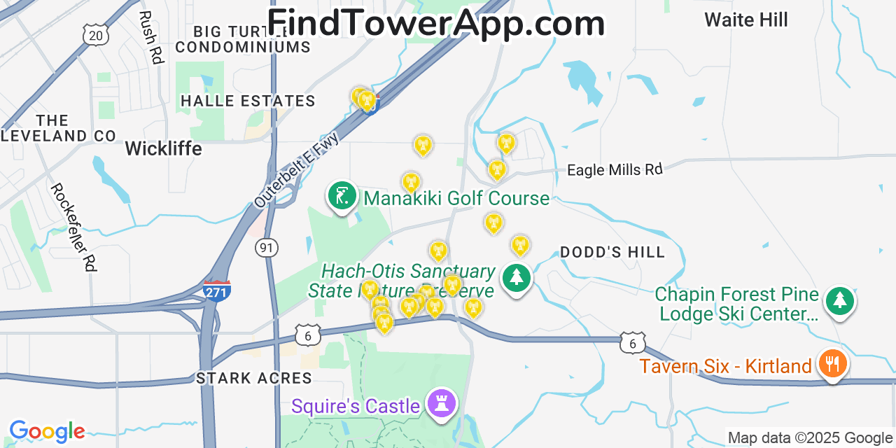 Map showing the 20 primary cell tower locations detected in Willoughby Hills, Ohio from AT&T, Verizon, and T-Mobile networks