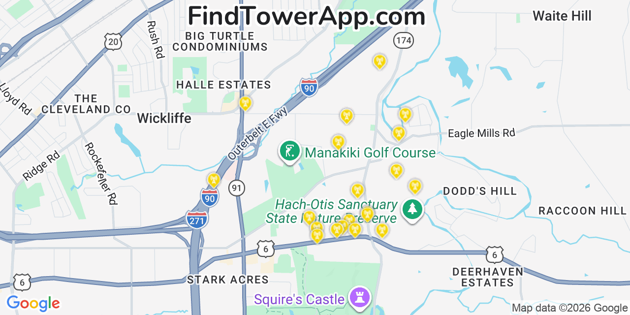 Map showing the 20 primary cell tower locations detected in Willoughby Hills, Ohio from AT&T, Verizon, and T-Mobile networks