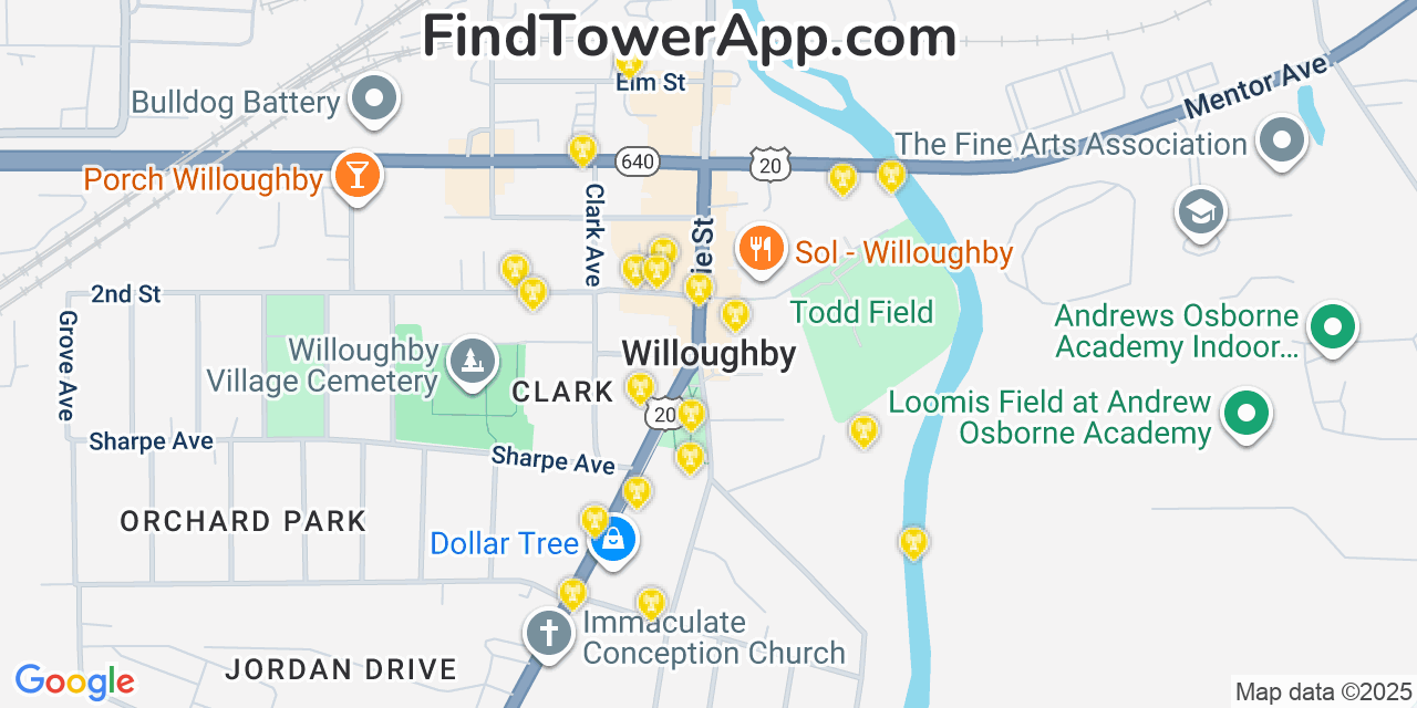 Map showing the 20 primary cell tower locations detected in Willoughby, Ohio from AT&T, Verizon, and T-Mobile networks