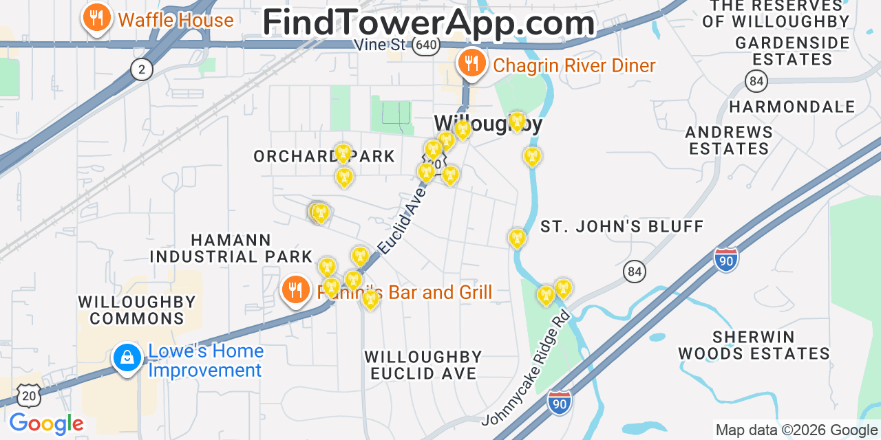 Map showing the 20 primary cell tower locations detected in Willoughby, Ohio from AT&T, Verizon, and T-Mobile networks
