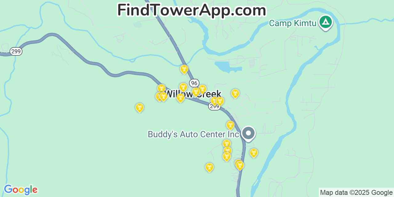 Map showing the 20 primary cell tower locations detected in Willow Creek, California from AT&T, Verizon, and T-Mobile networks