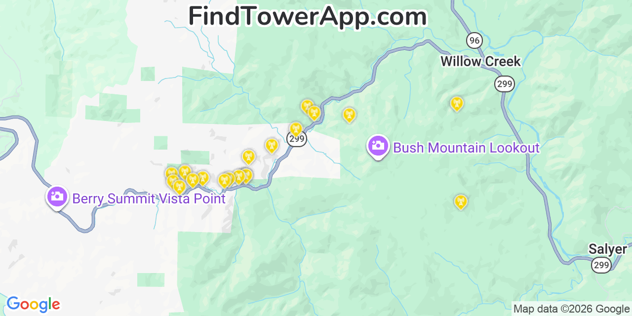 Map showing the 20 primary cell tower locations detected in Willow Creek, California from AT&T, Verizon, and T-Mobile networks