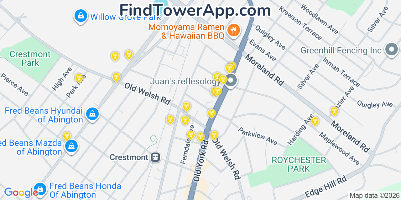 Map showing the 20 primary cell tower locations detected in Willow Grove, Pennsylvania from AT&T, Verizon, and T-Mobile networks