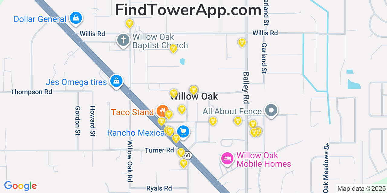 Map showing the 20 primary cell tower locations detected in Willow Oak, Florida from AT&T, Verizon, and T-Mobile networks