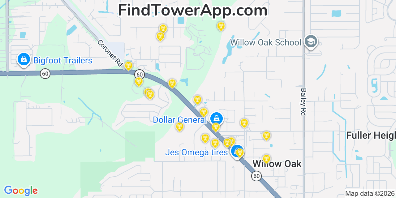 Map showing the 20 primary cell tower locations detected in Willow Oak, Florida from AT&T, Verizon, and T-Mobile networks