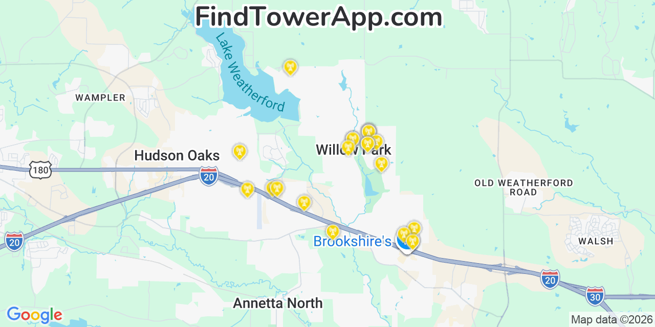 Map showing the 20 primary cell tower locations detected in Willow Park, Texas from AT&T, Verizon, and T-Mobile networks