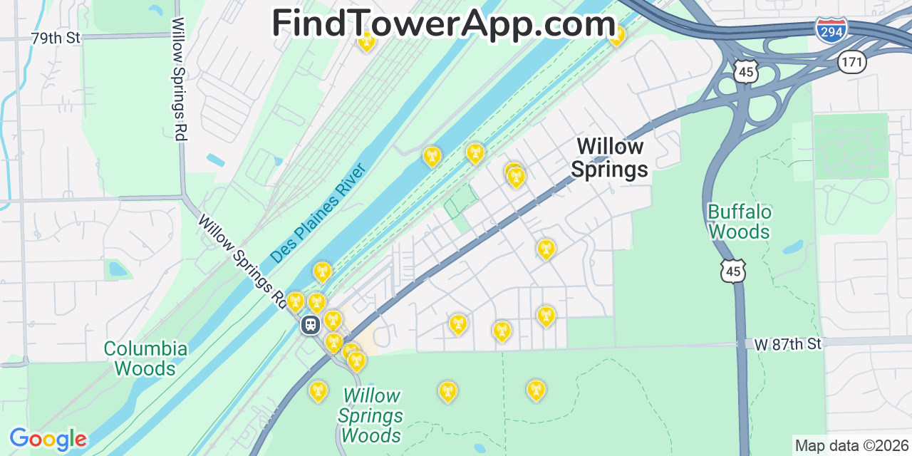 Map showing the 20 primary cell tower locations detected in Willow Springs, Illinois from AT&T, Verizon, and T-Mobile networks