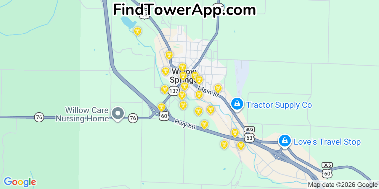 Map showing the 20 primary cell tower locations detected in Willow Springs, Missouri from AT&T, Verizon, and T-Mobile networks