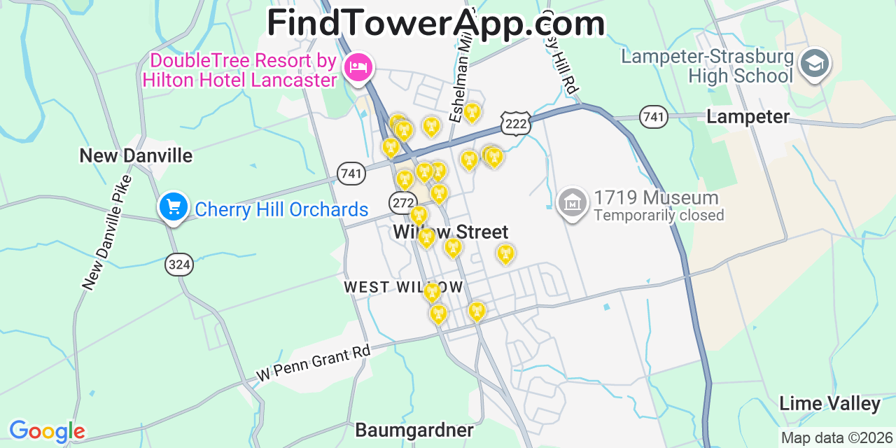 Map showing the 20 primary cell tower locations detected in Willow Street, Pennsylvania from AT&T, Verizon, and T-Mobile networks